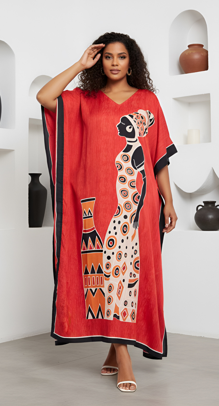 Dress For Plus Size Women Tribal Printed Red Polyester Kaftan