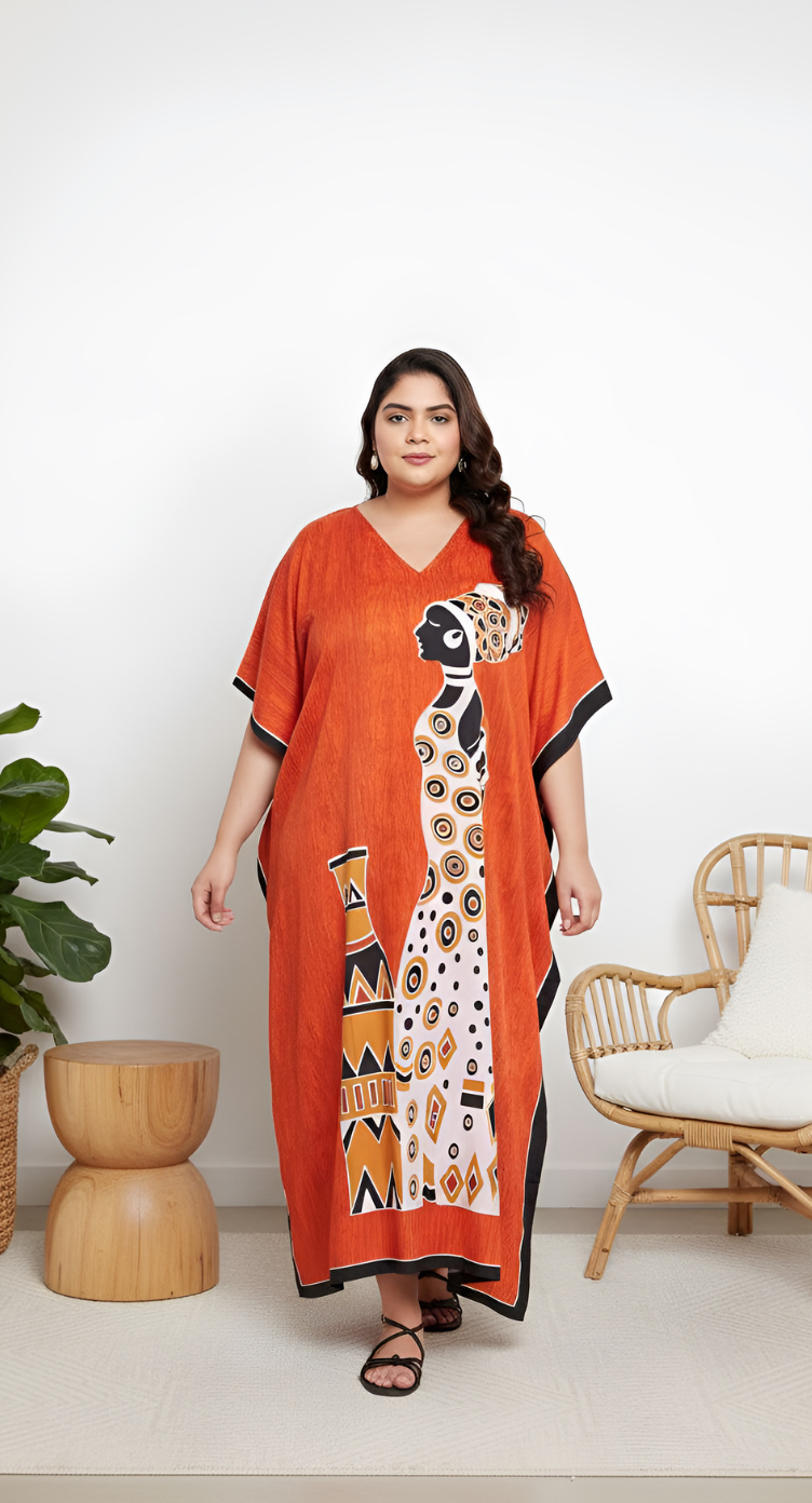 Women Plus Size Kaftan Tribal Printed Orange Polyester