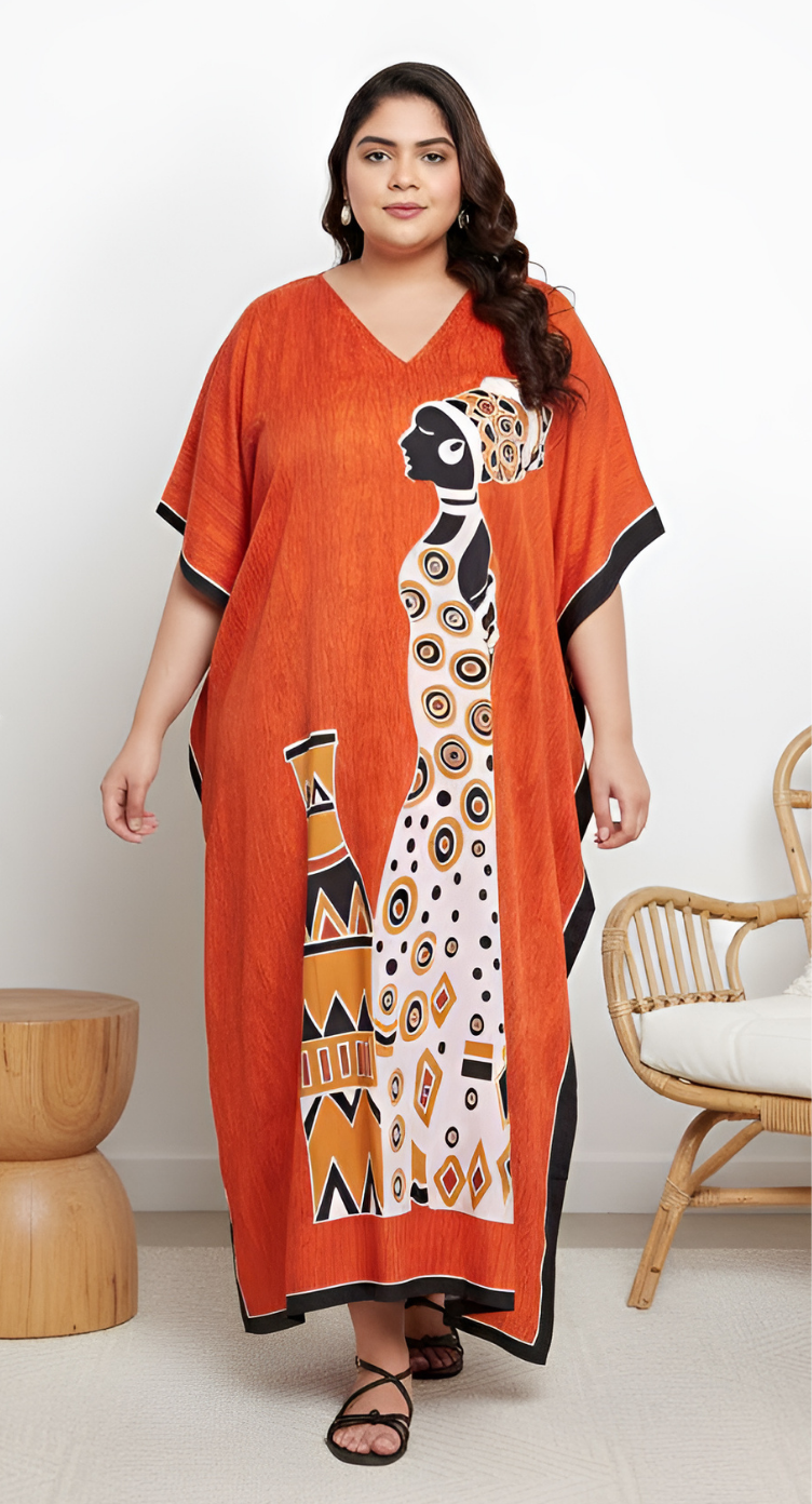 GypsieBlu Rust Orange Polyester Plus Size Kaftan for Women V-Neck 1X-3X - African Tribal Figure Print