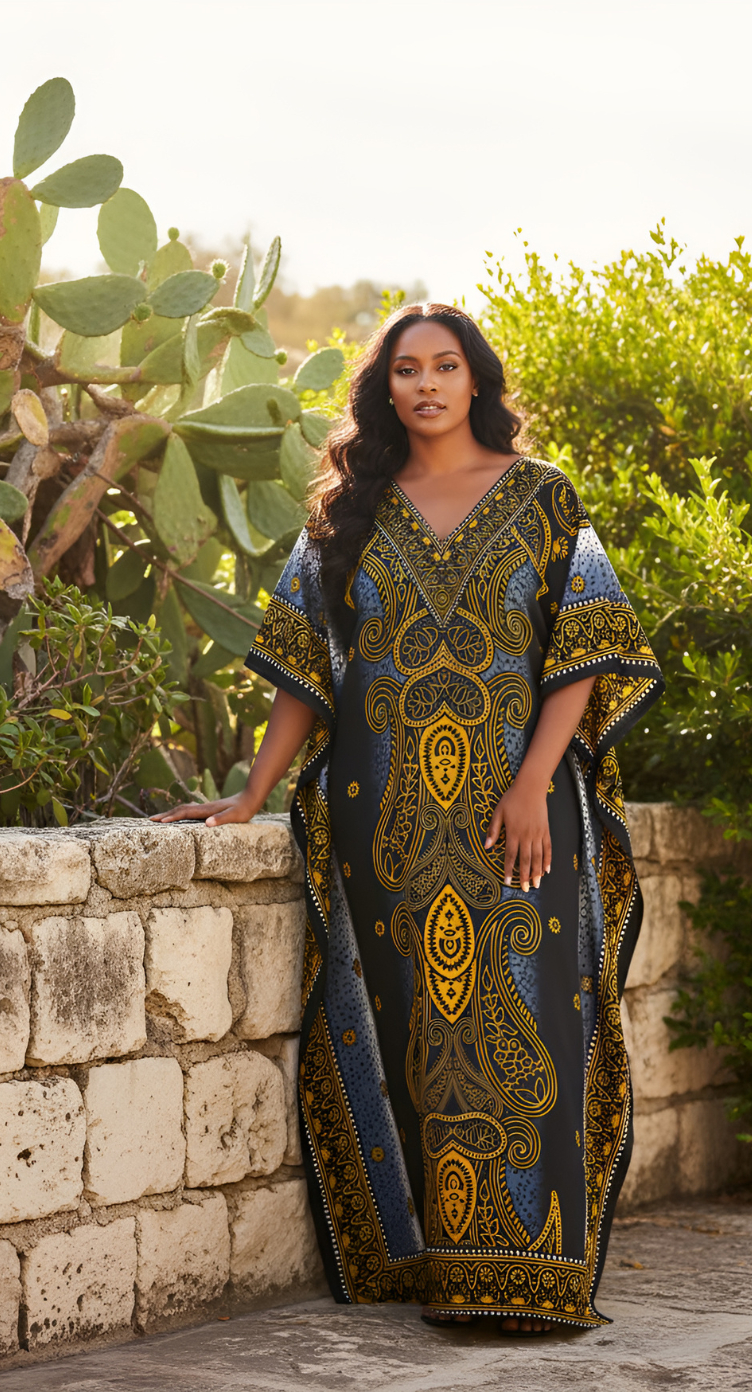 Paisley Multicolor Polyester Women Plus Size Kaftan Dress