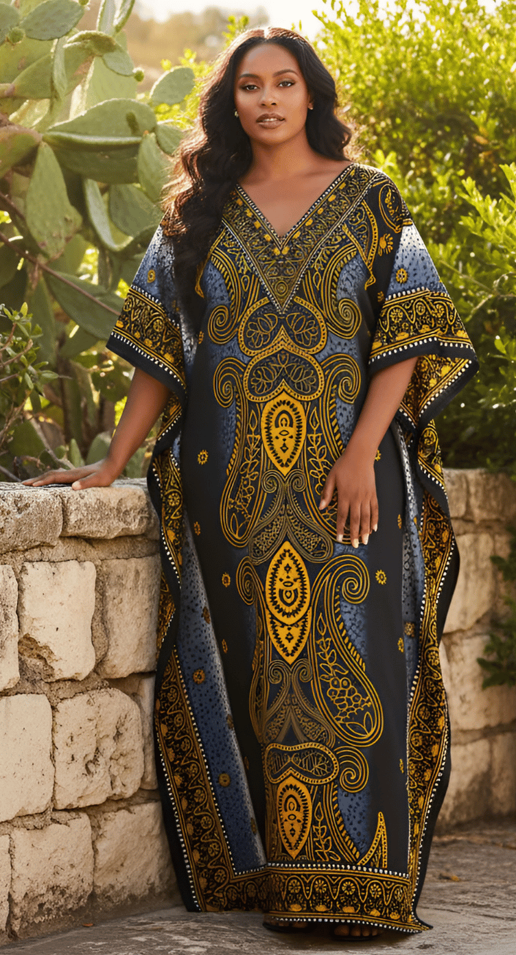 GypsieBlu Black & Gold Polyester Plus Size Kaftan for Women V-Neck 1X-3X - Ornate Dashiki Medallion Print