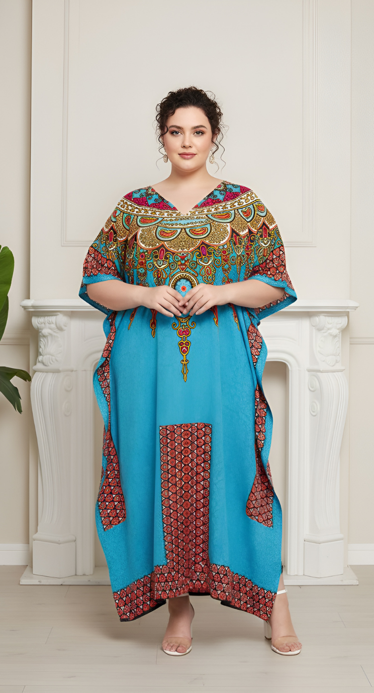 Blue Sky Polyester Tribal Printed Kaftan For Plus Size Women