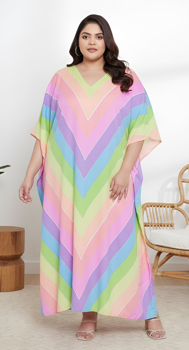 Pastel rainbow chevron stripe plus size kaftan with V-neck in lilac, mint and peach