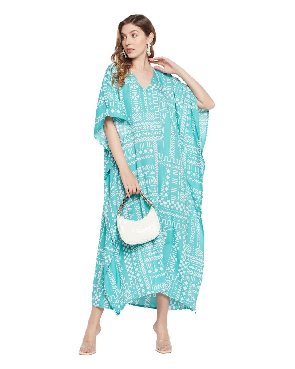 Turquoise Geometric Print Plus Size Polyester Kaftan For Women