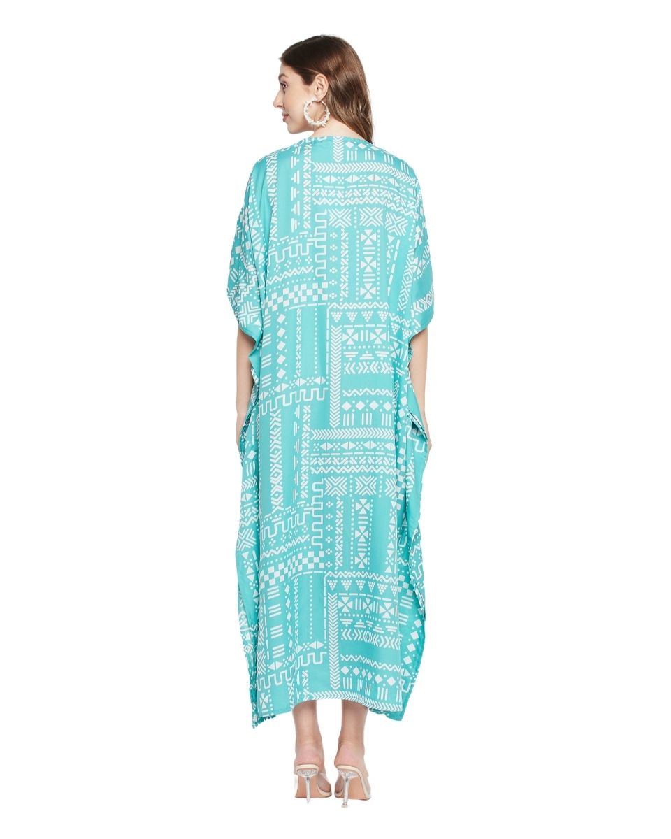 Turquoise Geometric Print Plus Size Polyester Kaftan For Women