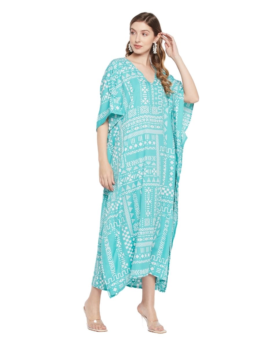 Turquoise Geometric Print Plus Size Polyester Kaftan For Women