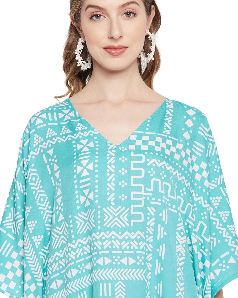 Turquoise Geometric Print Plus Size Polyester Kaftan For Women