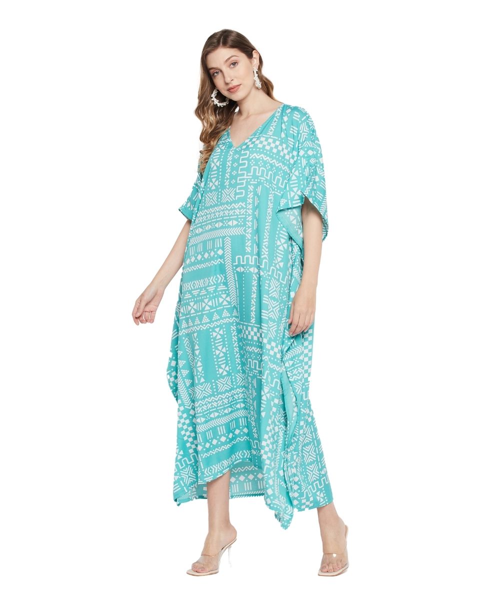 Turquoise Geometric Print Plus Size Polyester Kaftan For Women