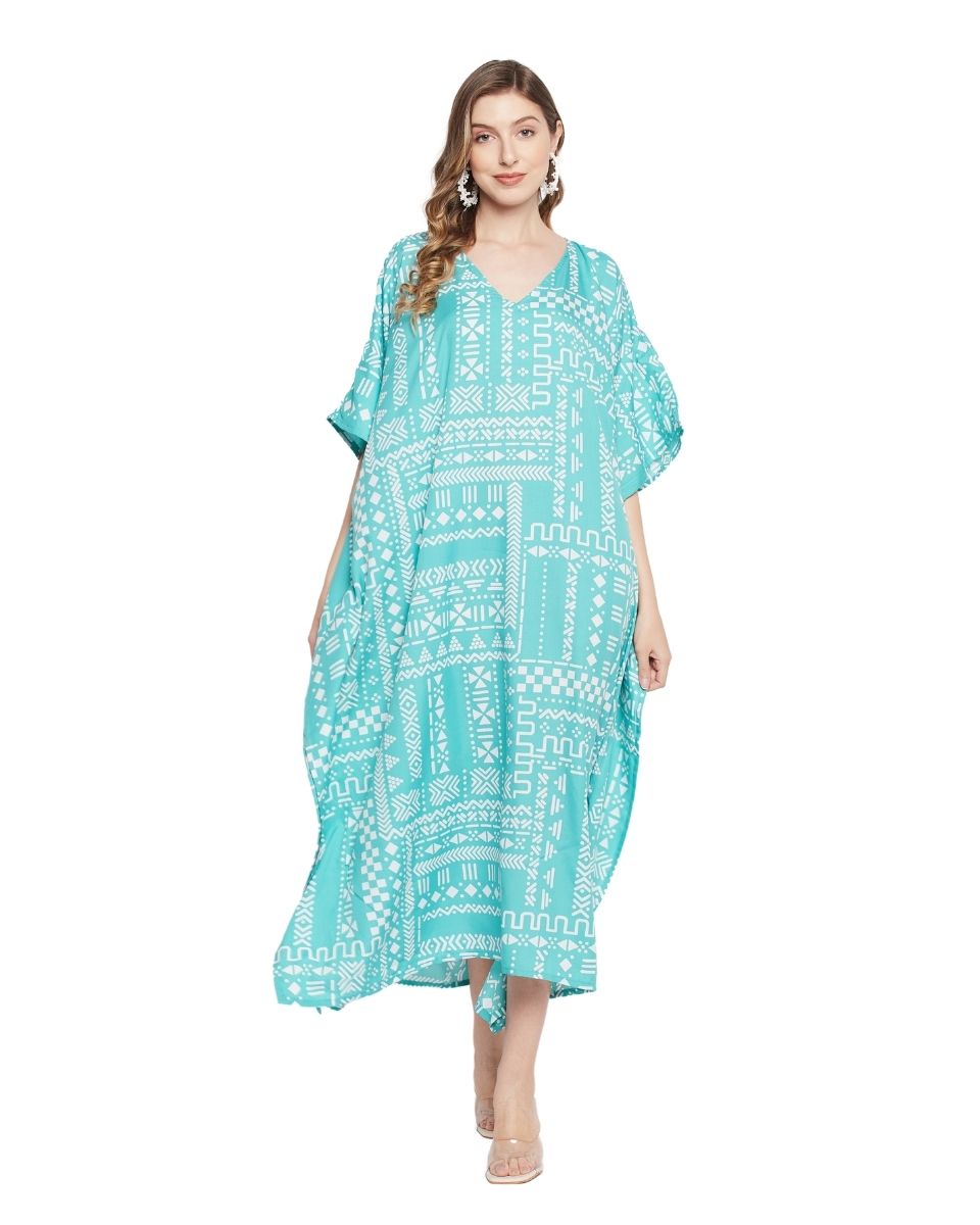 Turquoise Geometric Print Plus Size Polyester Kaftan For Women