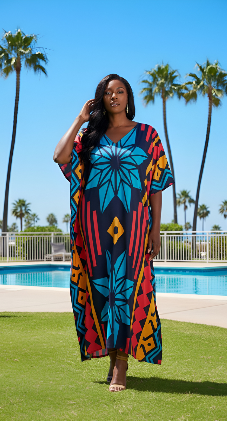 Abstract Printed Multicolor Polyester Kaftan Dress For Plus Size Women
