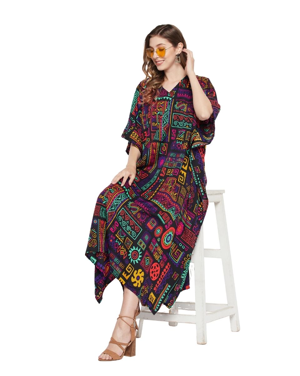 Multi Design Abstract Printed Polyester Kaftan For Plus Size Women