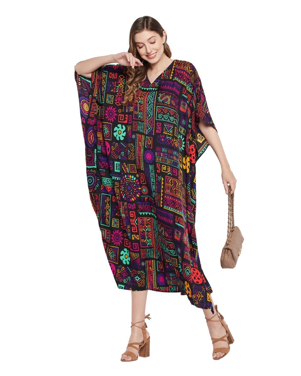 Multi Design Abstract Printed Polyester Kaftan For Plus Size Women