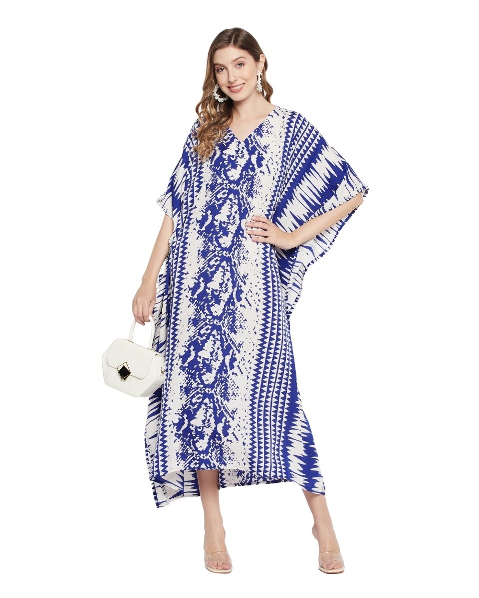 Blue And White Abstract Printed Polyester Kaftan For Plus Size Women