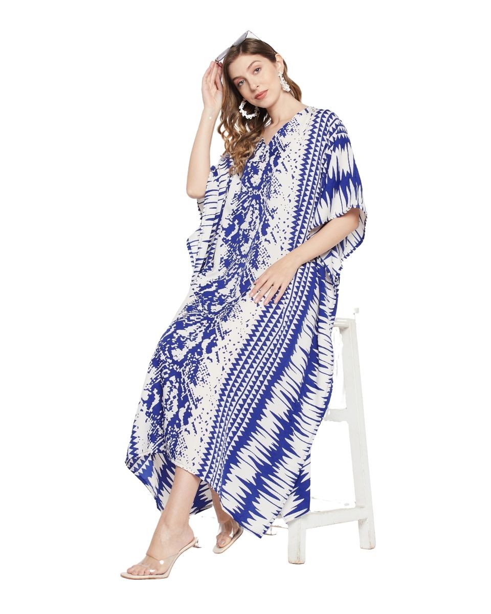 Blue And White Abstract Printed Polyester Kaftan For Plus Size Women