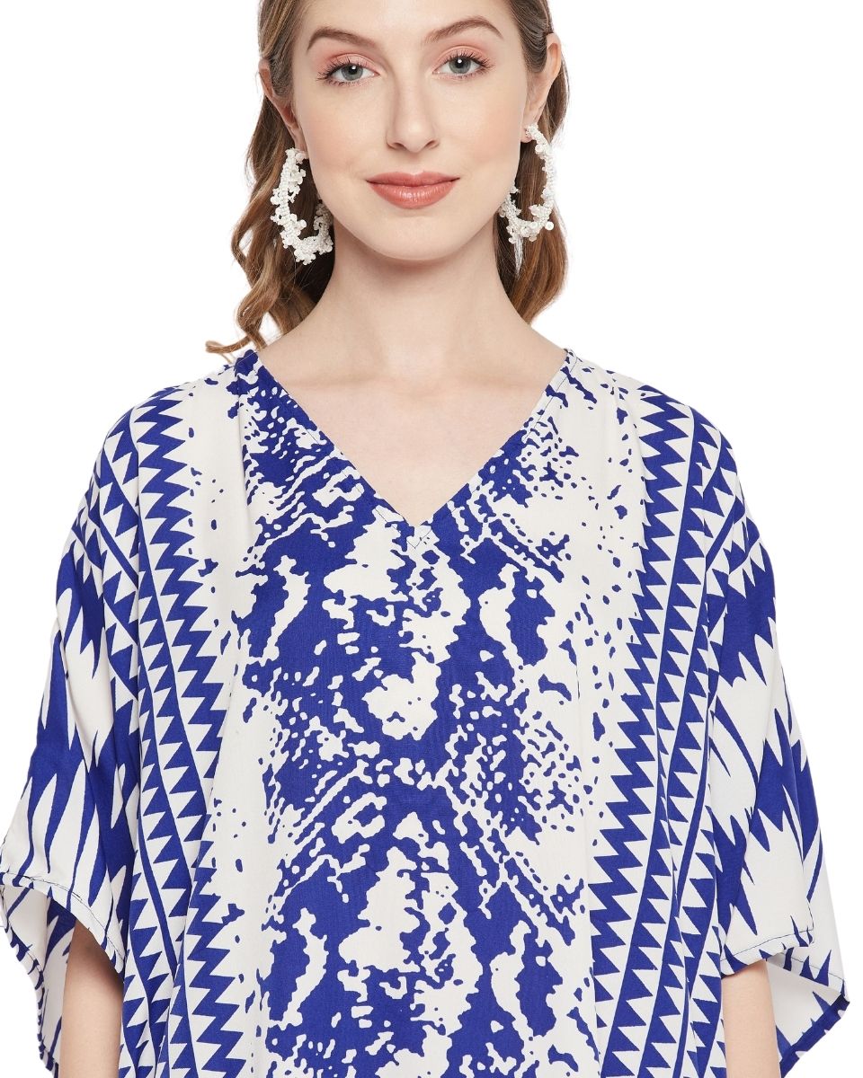 Blue And White Abstract Printed Polyester Kaftan For Plus Size Women