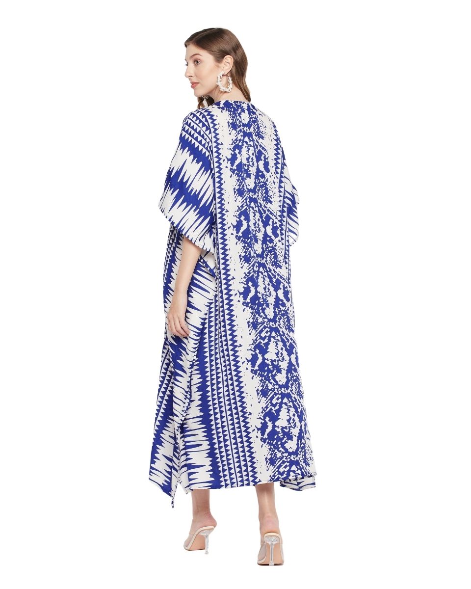 Blue And White Abstract Printed Polyester Kaftan For Plus Size Women