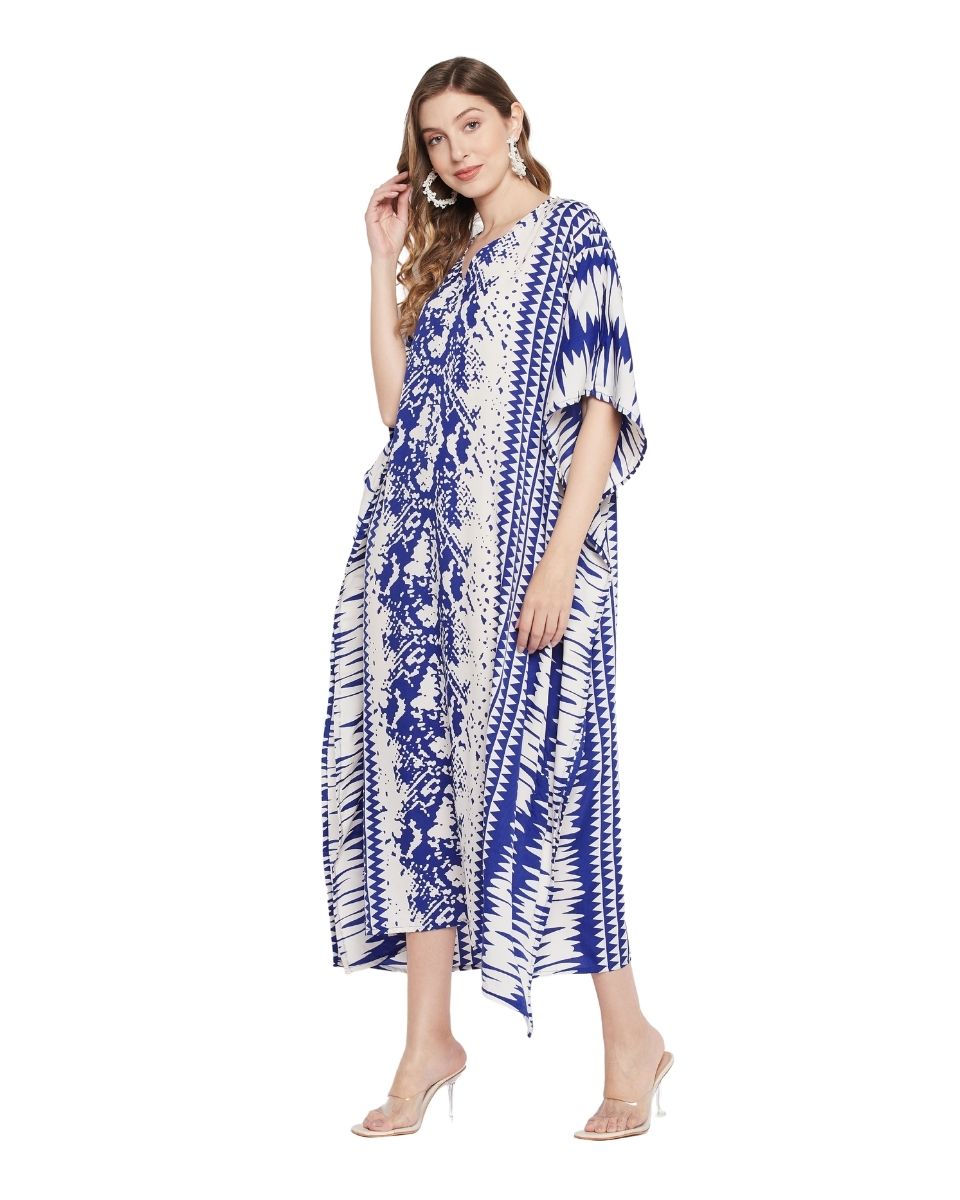 Blue And White Abstract Printed Polyester Kaftan For Plus Size Women