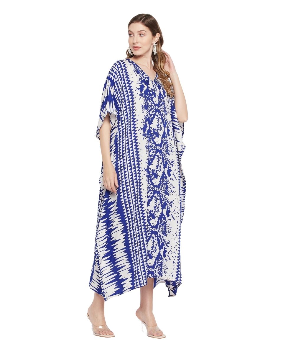 Blue And White Abstract Printed Polyester Kaftan For Plus Size Women