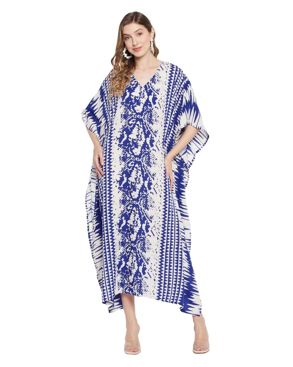 Blue And White Abstract Printed Polyester Kaftan For Plus Size Women