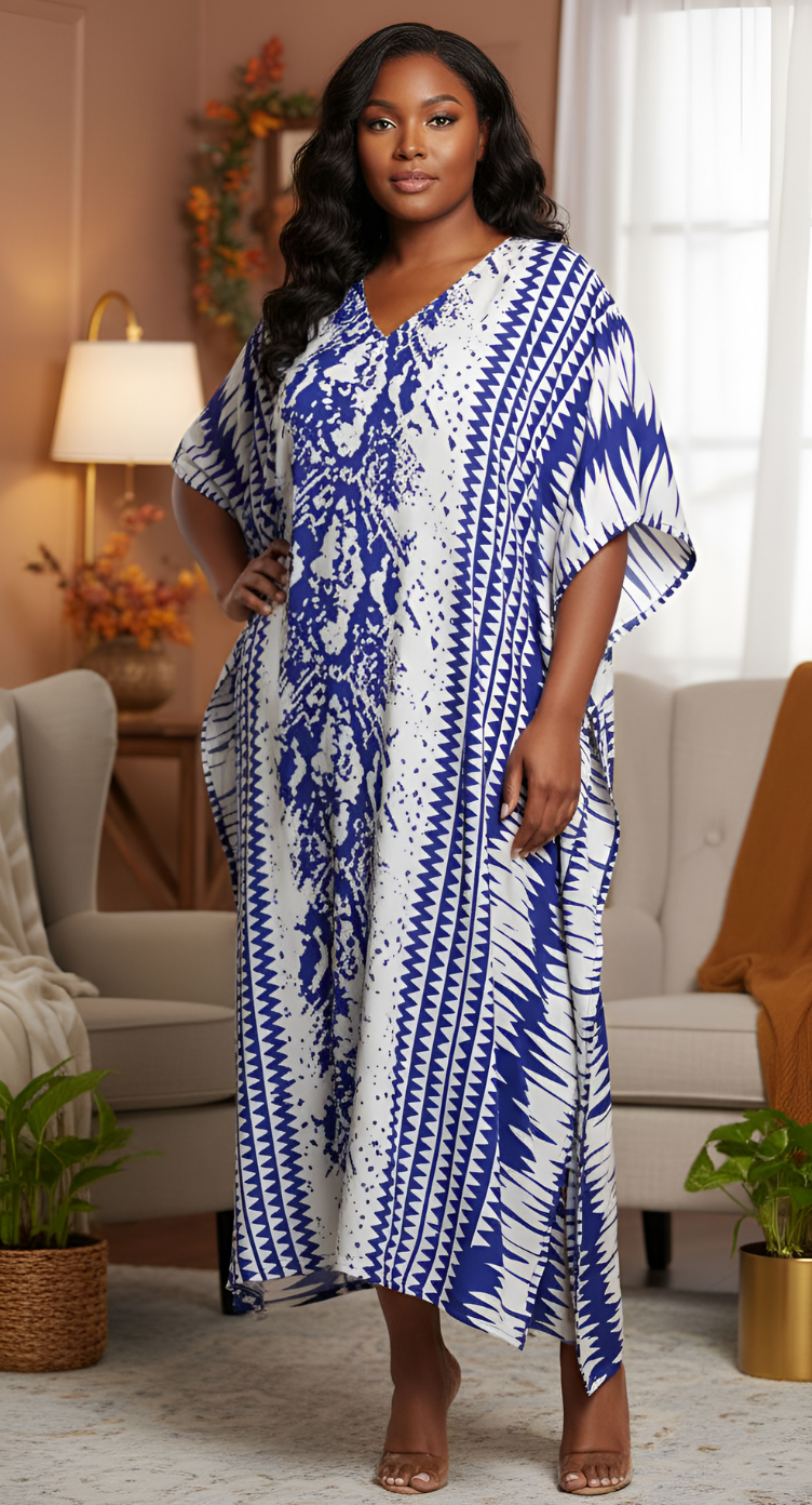 Blue And White Abstract Printed Polyester Kaftan For Plus Size Women