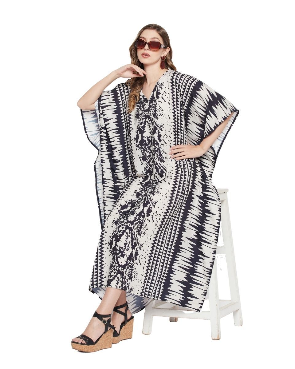 Off White Abstract Print Polyester Kaftan For Plus Size Women