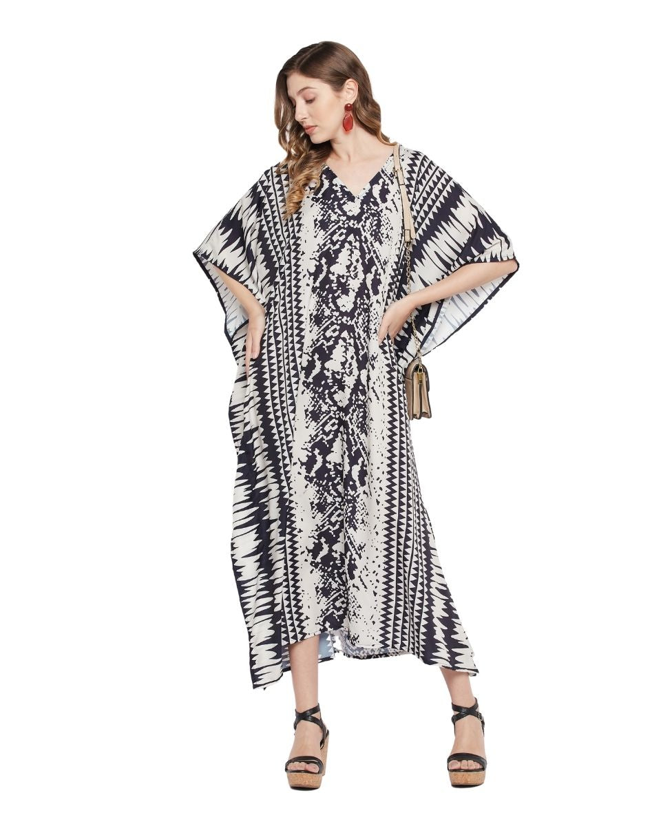 Off White Abstract Print Polyester Kaftan For Plus Size Women