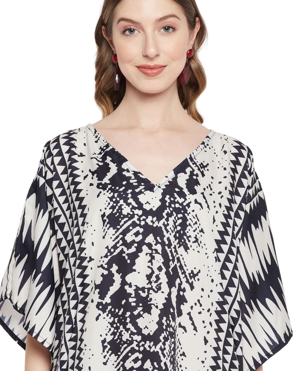 Off White Abstract Print Polyester Kaftan For Plus Size Women