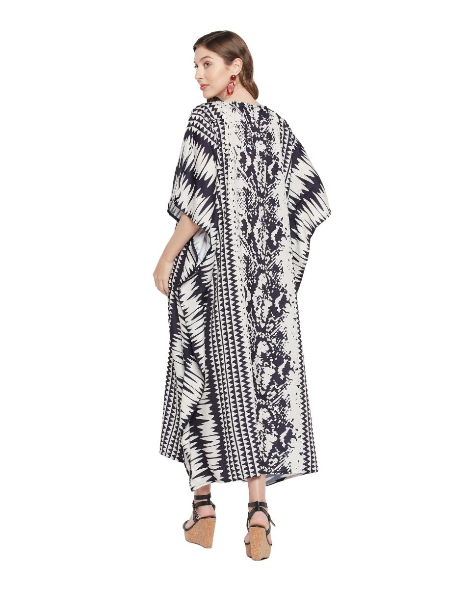 Off White Abstract Print Polyester Kaftan For Plus Size Women