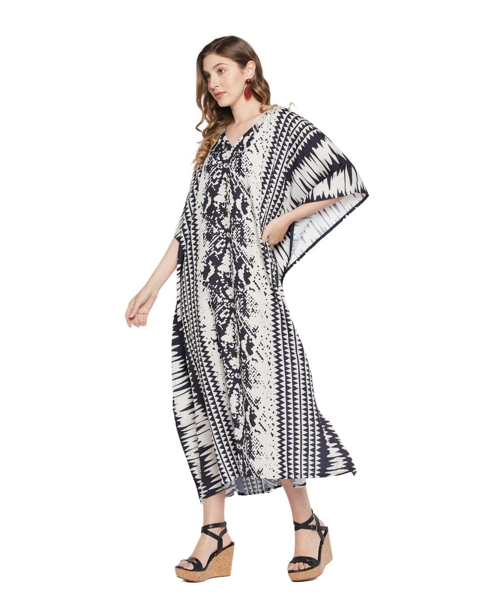 Off White Abstract Print Polyester Kaftan For Plus Size Women