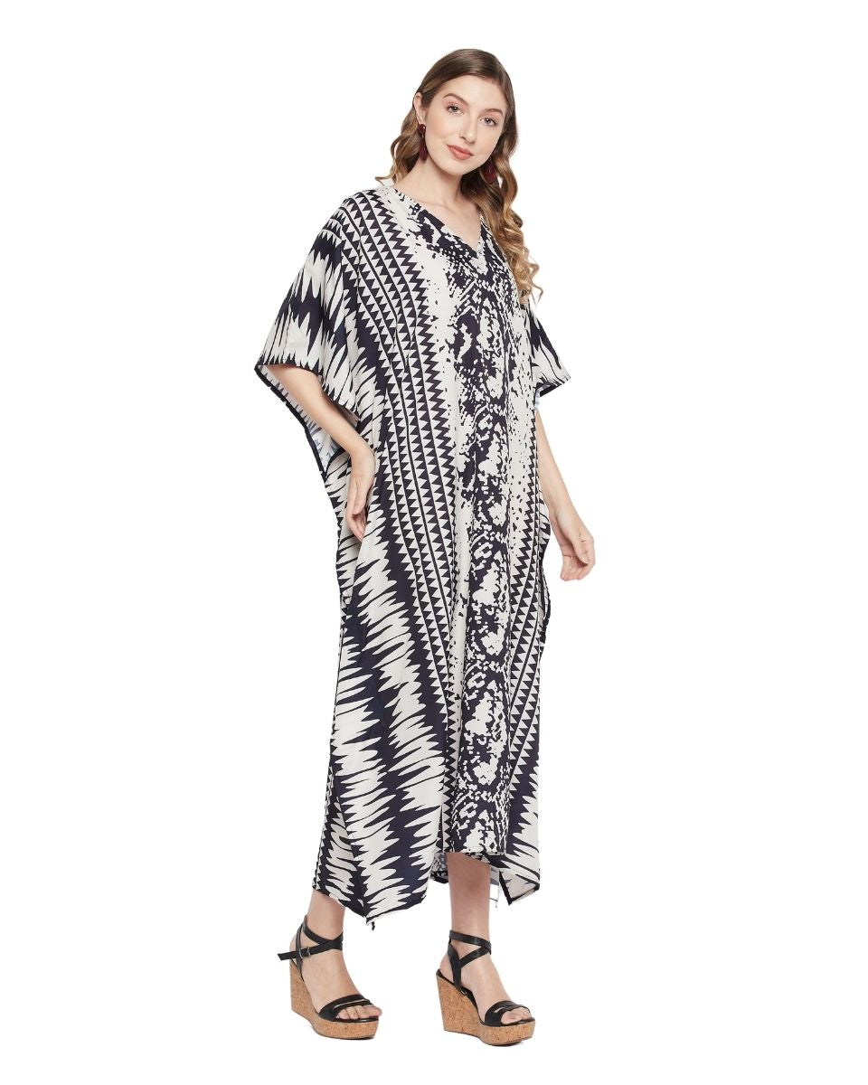 Off White Abstract Print Polyester Kaftan For Plus Size Women