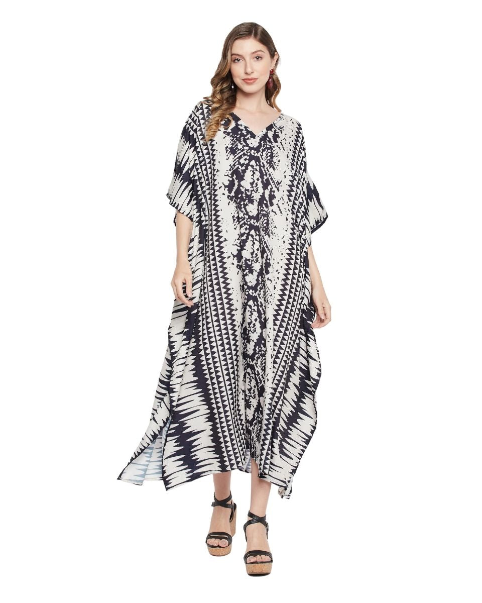 Off White Abstract Print Polyester Kaftan For Plus Size Women