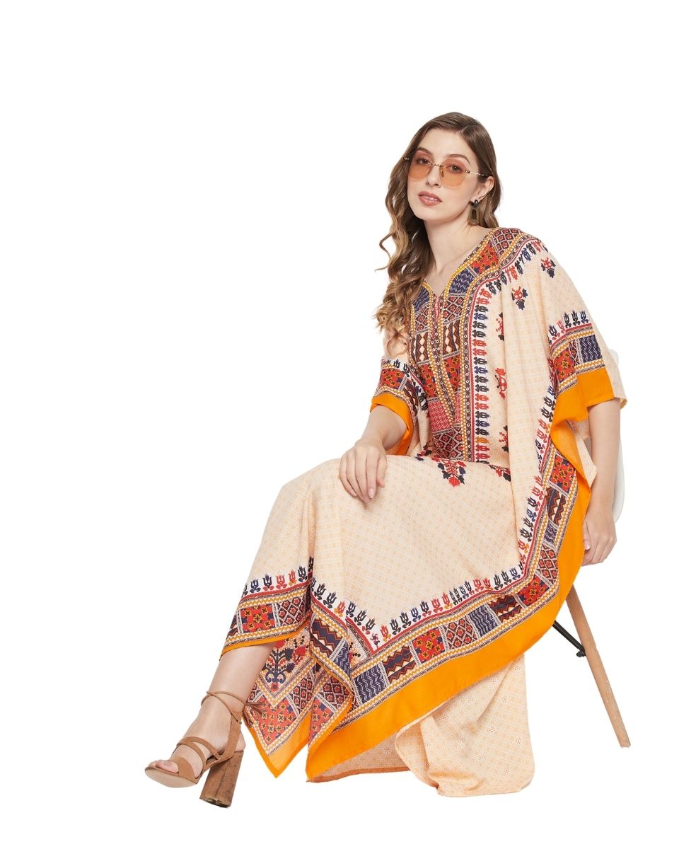 Dashiki Print Off White Polyester Plus Size Caftan For Women