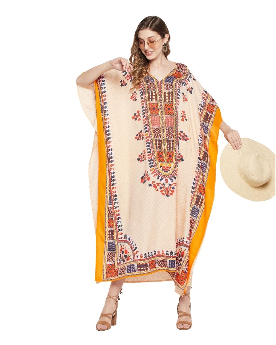 Dashiki Print Off White Polyester Plus Size Caftan For Women