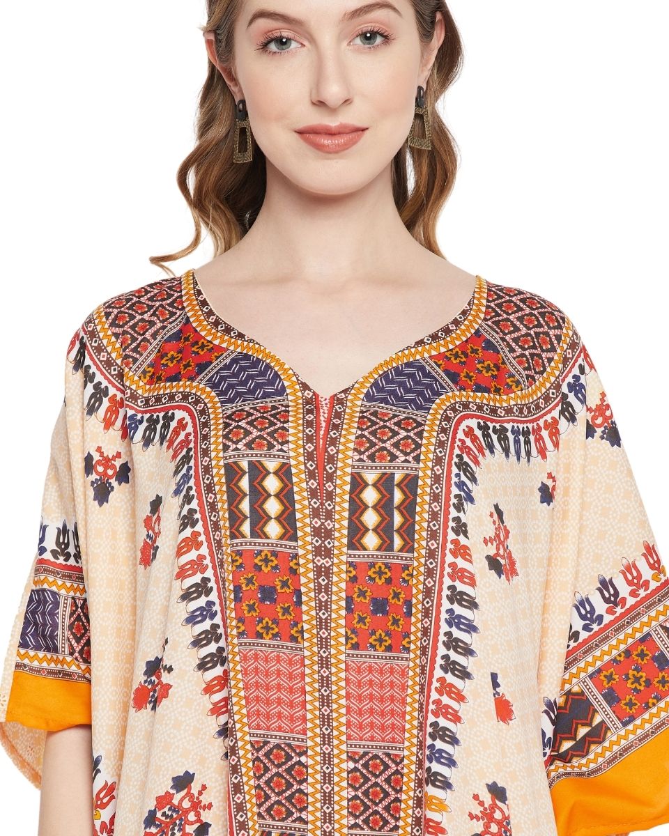 Dashiki Print Off White Polyester Plus Size Caftan For Women