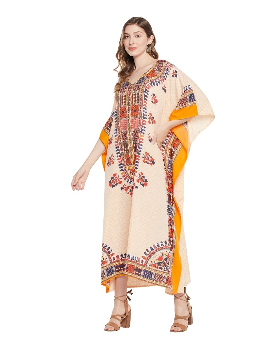 Dashiki Print Off White Polyester Plus Size Caftan For Women