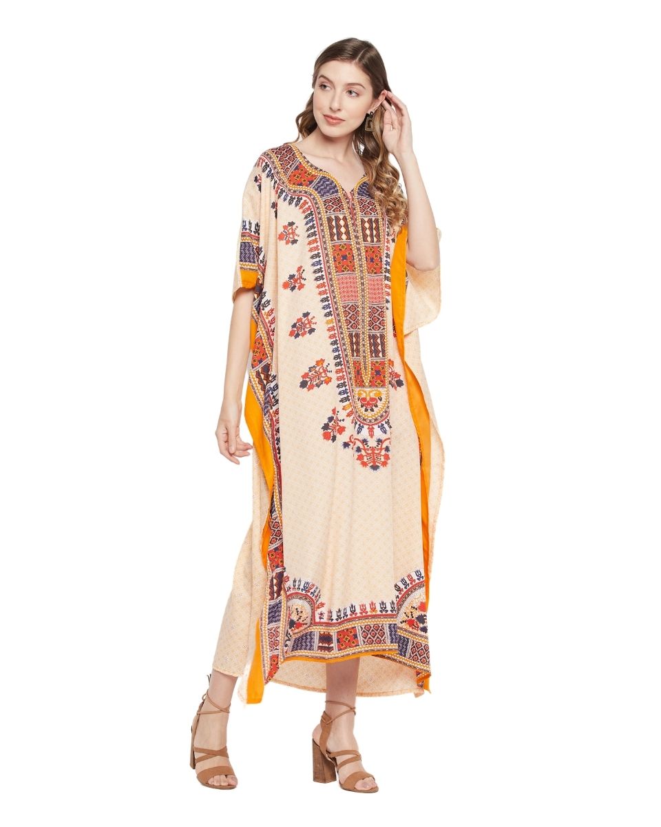 Dashiki Print Off White Polyester Plus Size Caftan For Women