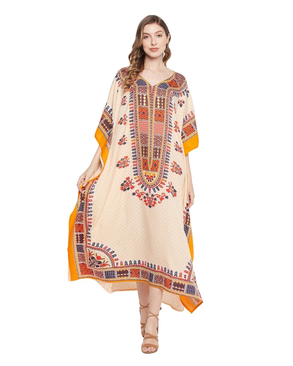 Dashiki Print Off White Polyester Plus Size Caftan For Women