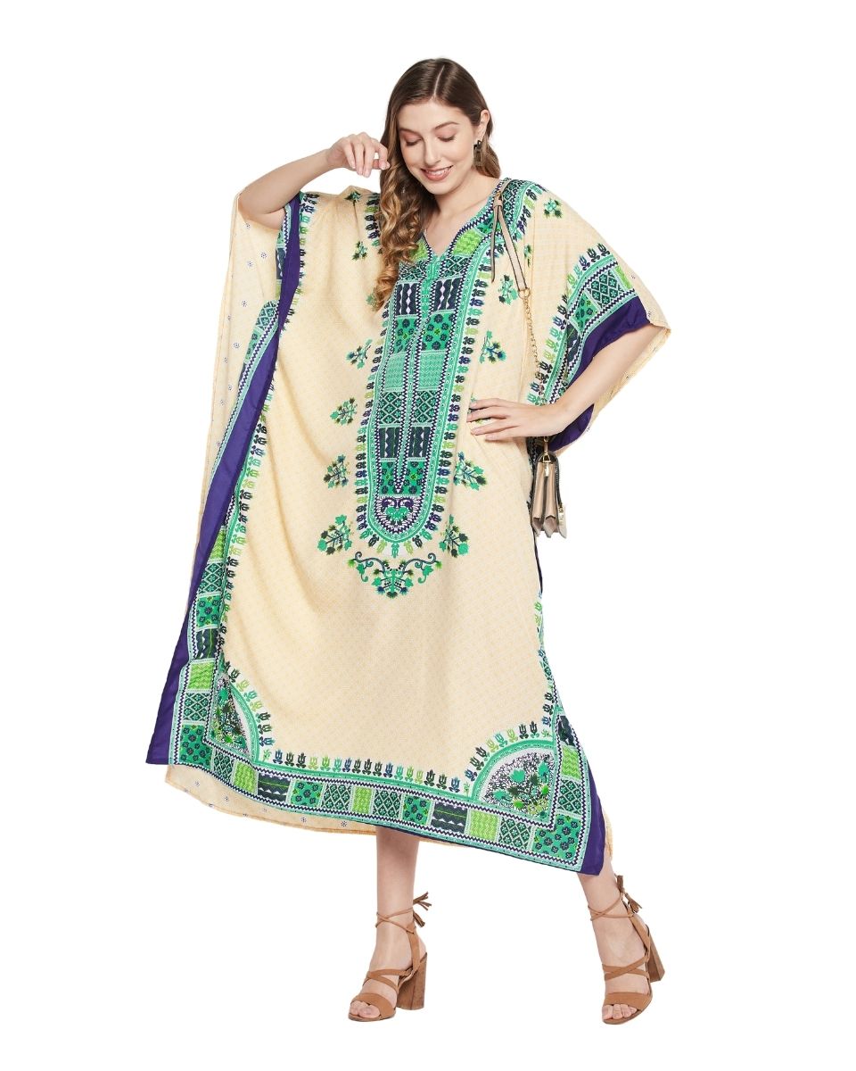 Off White Dashiki Print Polyester Kaftan For Plus Size Women