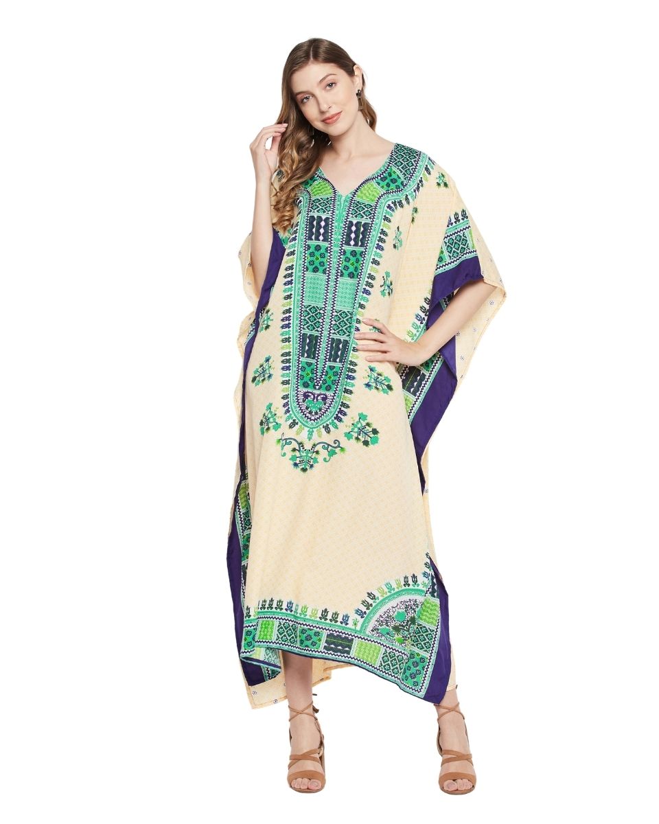 Off White Dashiki Print Polyester Kaftan For Plus Size Women