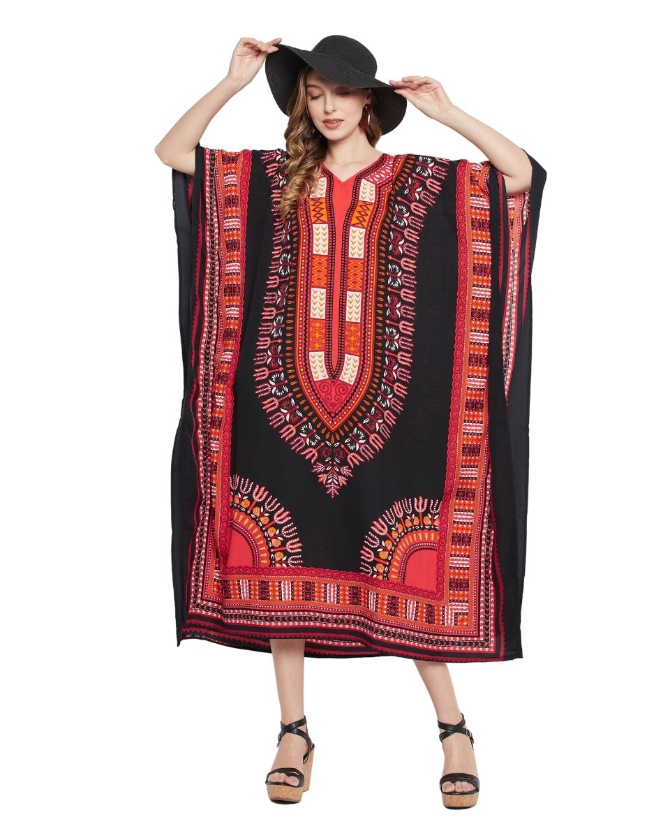 Dashiki Print Black Polyester Kaftan For Plus Size Women