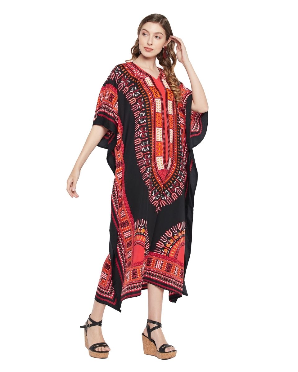 Dashiki Print Black Polyester Kaftan For Plus Size Women