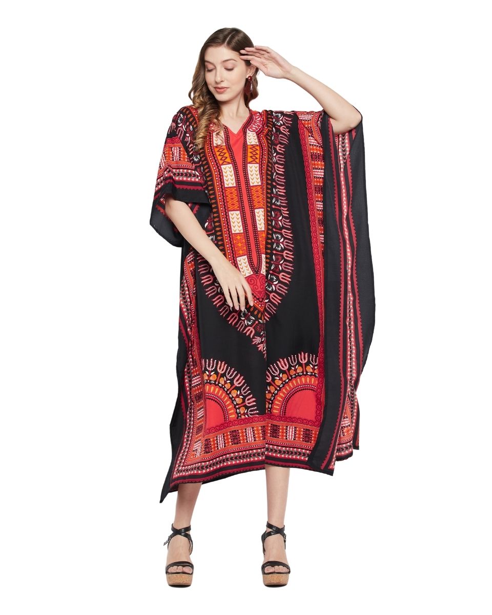 Dashiki Print Black Polyester Kaftan For Plus Size Women