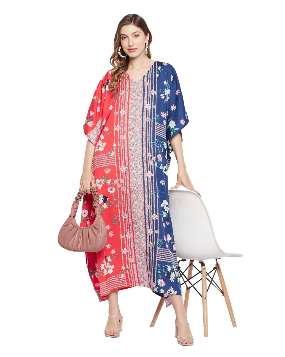 Red And Blue Polyester Floral Style Plus Size Kaftan For Women