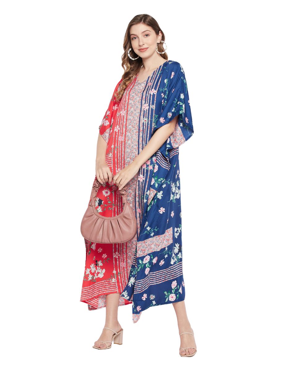 Red And Blue Polyester Floral Style Plus Size Kaftan For Women