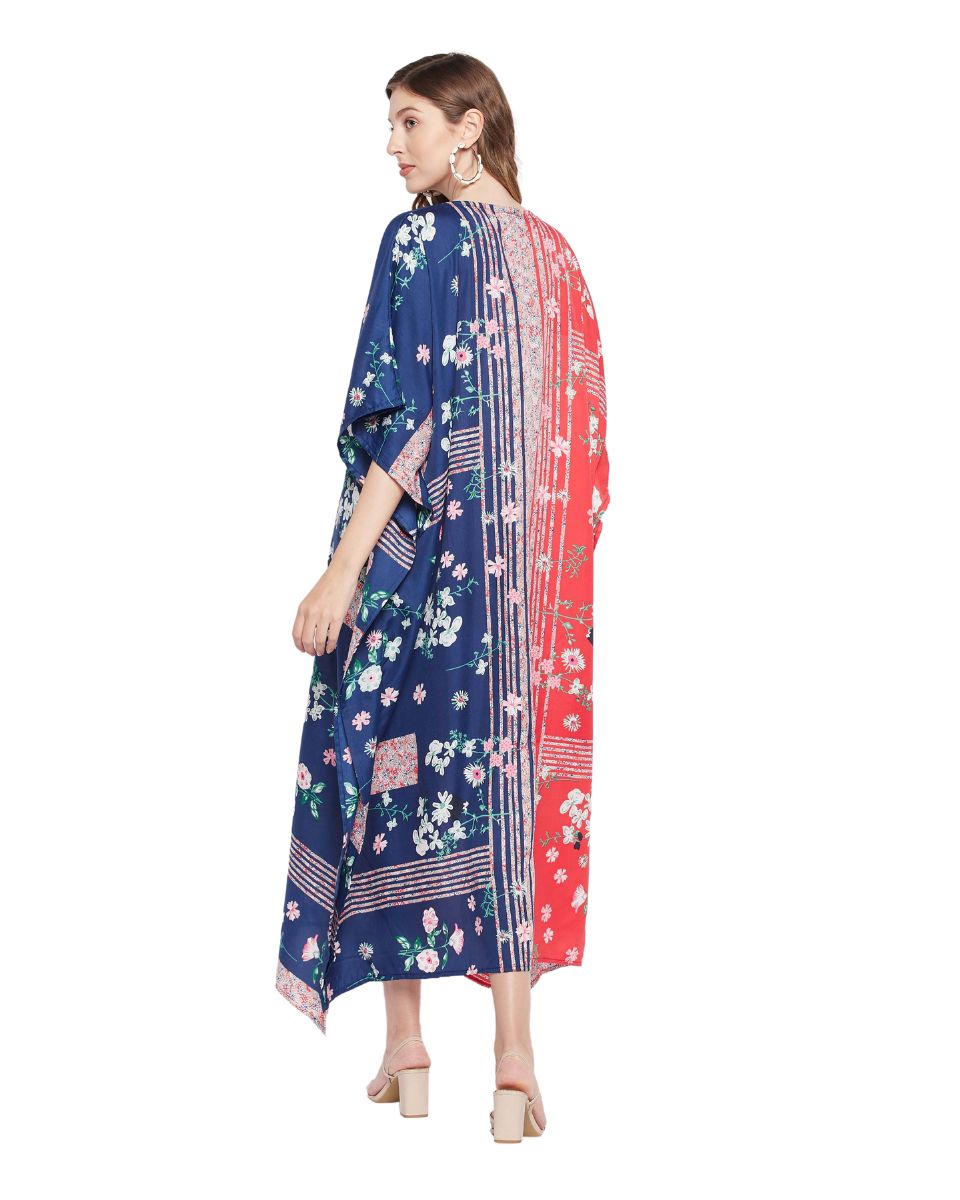 Red And Blue Polyester Floral Style Plus Size Kaftan For Women