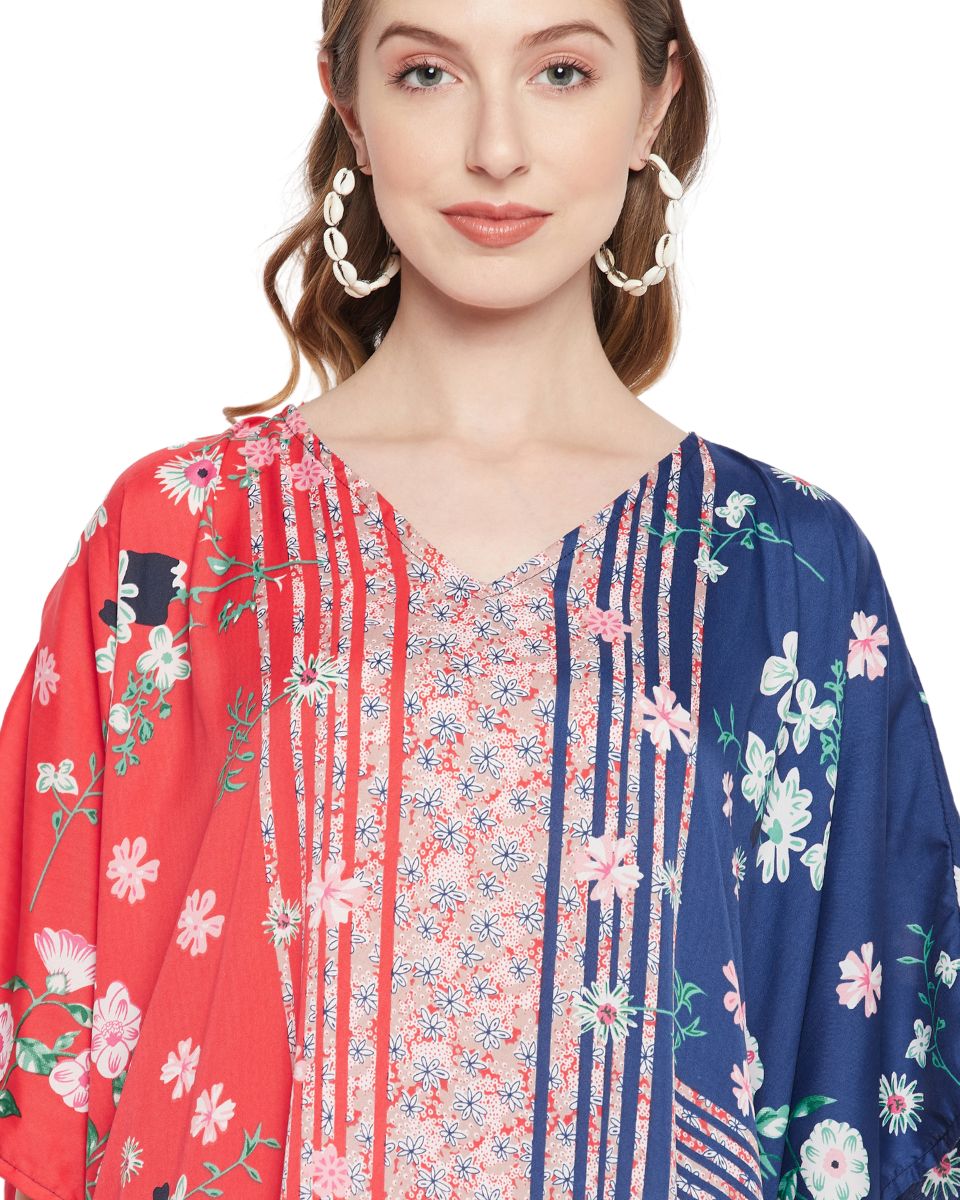 Red And Blue Polyester Floral Style Plus Size Kaftan For Women