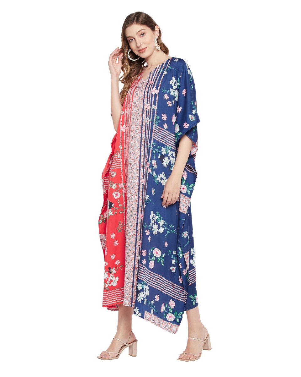 Red And Blue Polyester Floral Style Plus Size Kaftan For Women