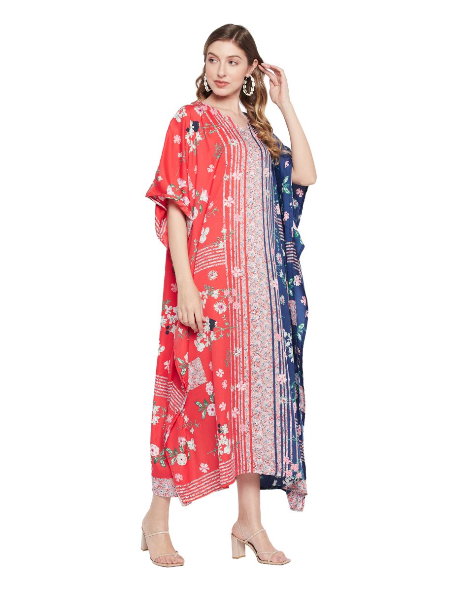 Red And Blue Polyester Floral Style Plus Size Kaftan For Women