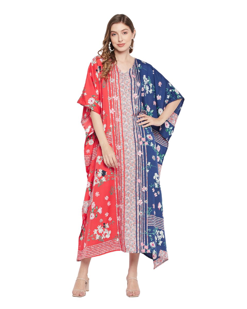 Red And Blue Polyester Floral Style Plus Size Kaftan For Women