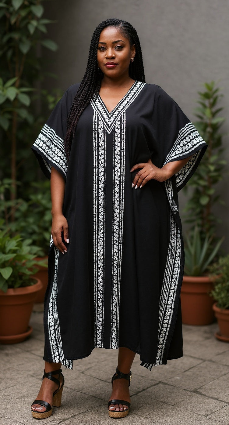 Black Polyester Geometric Style Plus Size Kaftan For Women